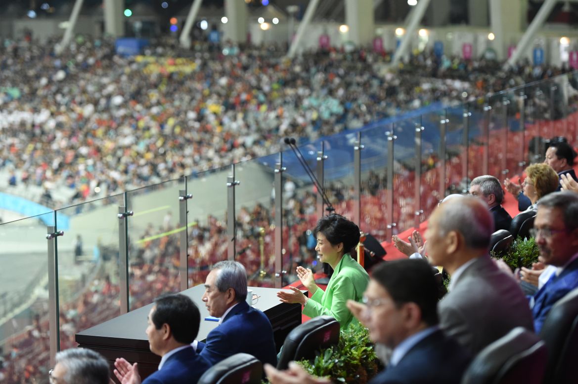 South Korean President Park Geun-hye applauds during the Opening Ceremony on September 19.