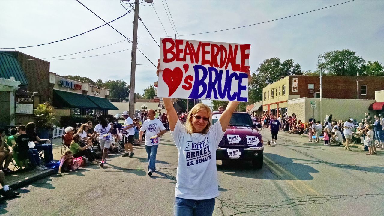 A supporter of Bruce Braley, the Democratic nominee in Iowa's closly watched U.S. Senate race, makes her feelings known.