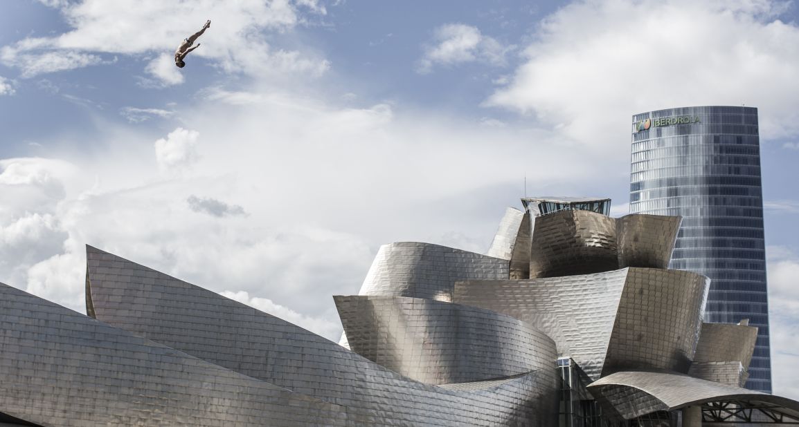  Cyrille Oumedjkane of France made this spectacular leap during the competition with the Guggenheim Museum in the background.