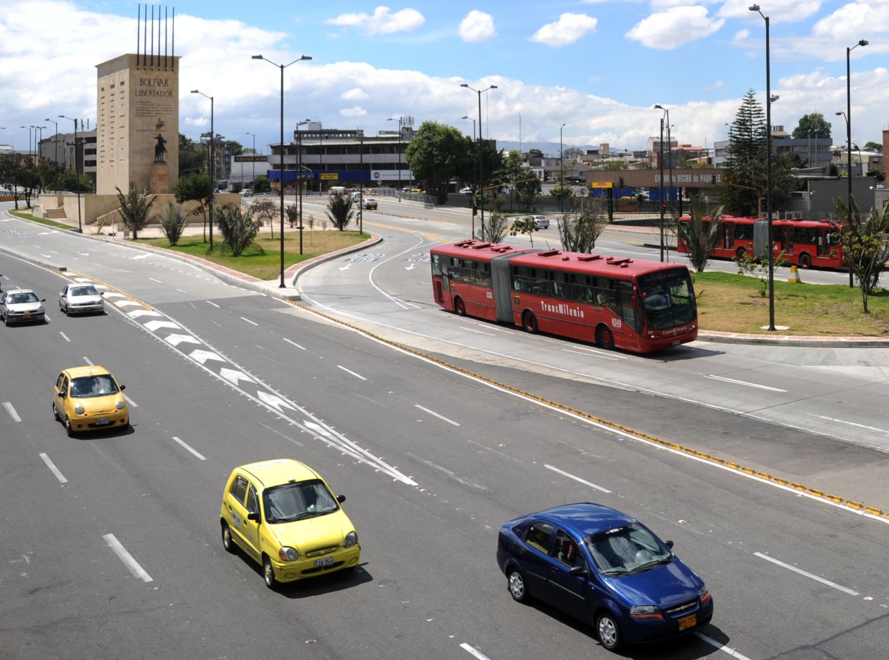 TransMilenio is a rapid transit bus system that serves the Colombian capital. Routes are separated from cars and other vehicles.