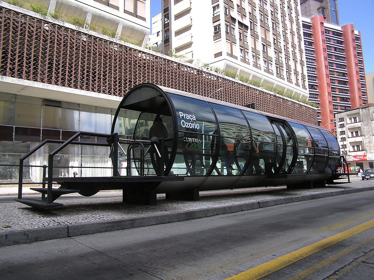 Bus stops are raised so passengers are level with bus entrances for smoother boarding.