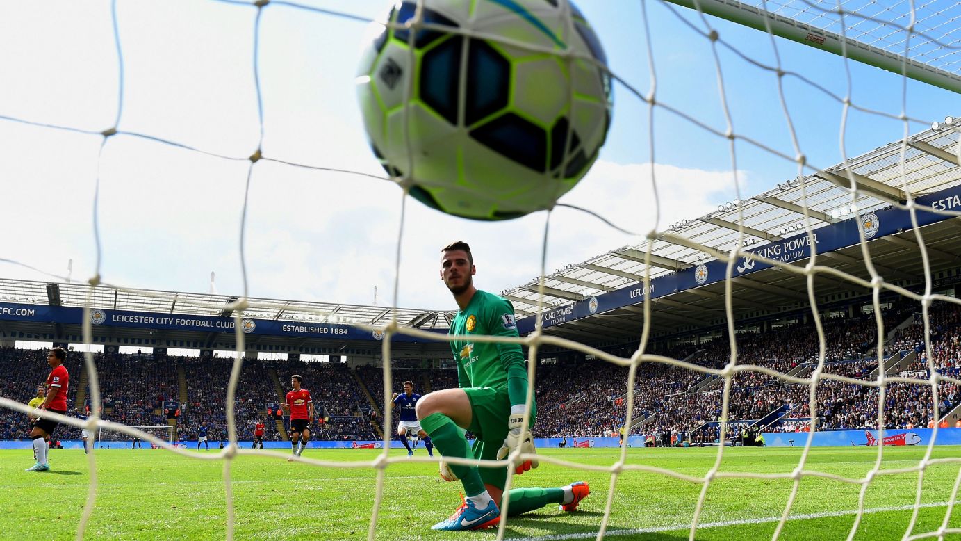 Manchester United goalkeeper David De Gea watches the ball go into the back of his net after Leicester City's Leonardo Ulloa connected on a header Sunday, September 21, in Leicester, England. Manchester United had a 3-1 lead in the Premier League match, but Leicester City rallied in the second half to win 5-3.