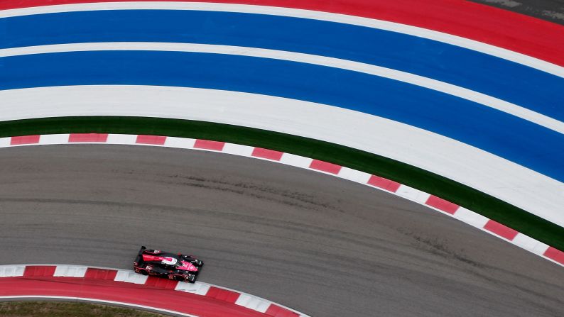 The car shared by Alex Brundle and Gustavo Yacaman negotiates a turn Friday, September 19, during practice for the Lone Star Le Mans race in Austin, Texas.