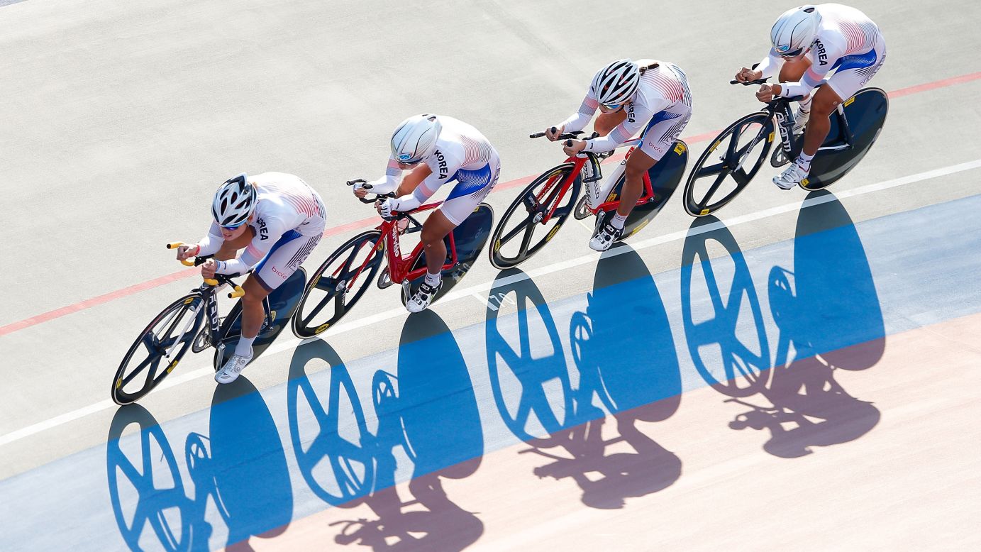 South Korean cyclists compete in team pursuit qualifying Saturday, September 20, at the Asian Games in Incheon, South Korea.
