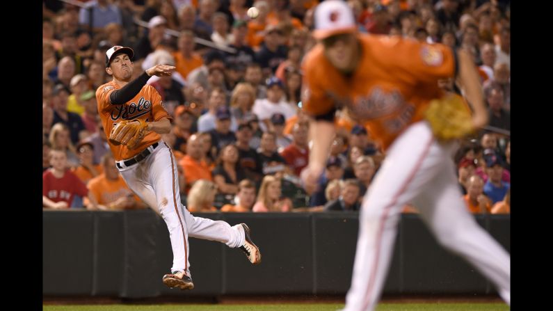 Baltimore Orioles third baseman Ryan Flaherty makes a throw during a home game against the Boston Red Sox on Saturday, September 20.