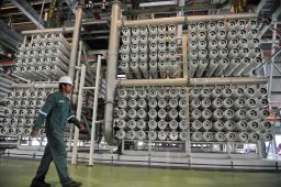 Water is processed through membranes at the NEWater plant to remove solids, microorganisms and other contaminants.