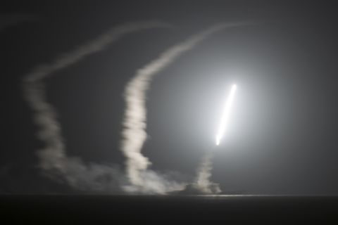 The USS Philippine Sea, a guided-missile cruiser with the U.S. Navy, launches a Tomahawk cruise missile from the Persian Gulf during an attack on ISIS positions on September 23. The U.S. Navy released this photo and several others following the airstrikes.