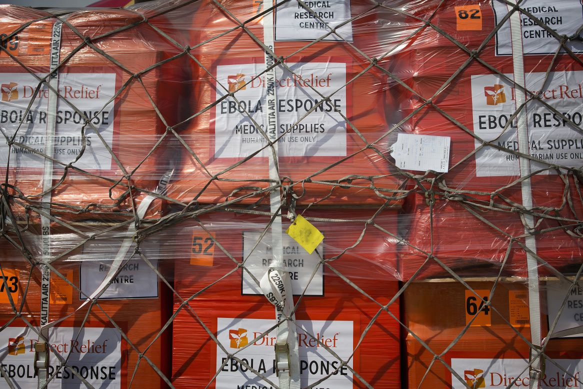 Supplies wait to be loaded onto an aircraft at New York's John F. Kennedy International Airport on September 20, 2014. It was the largest single shipment of aid to the Ebola zone to date, and it was coordinated by the Clinton Global Initiative and other U.S. aid organizations.