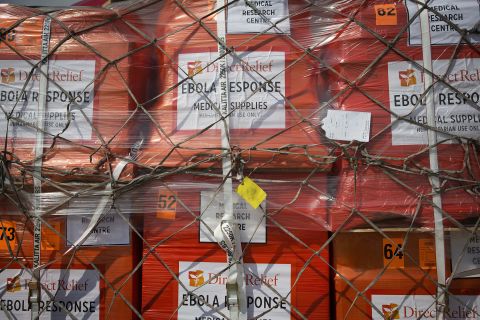 Supplies wait to be loaded onto an aircraft at New York's John F. Kennedy International Airport on September 20, 2014. It was the largest single shipment of aid to the Ebola zone to date, and it was coordinated by the Clinton Global Initiative and other U.S. aid organizations.
