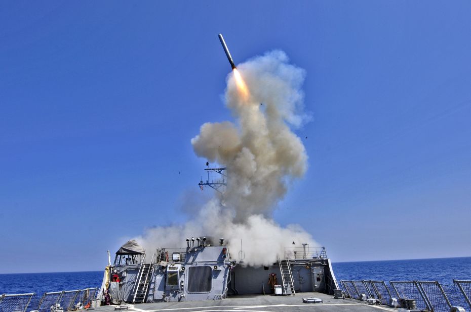 On September 22, 2014, the United States fired 47 Tomahawk missiles against targets in Syria. Tomahawks are long-range subsonic cruise missiles used to take out high-value or heavily defended land targets. They were first used in Operation Desert Storm in 1991. Here, the U.S. Navy guided-missile destroyer USS Barry (DDG 52) launches a Tomahawk cruise missile in 2011.