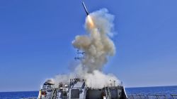 In this handout released by the U.S. Navy, the U.S. Navy guided-missile destroyer USS Barry (DDG 52) launches a Tomahawk cruise missile  in support of Operation Odyssey Dawn March 29, 2011 from the Mediterranean Sea..