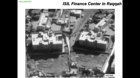 The Defense Department also released this before-and-after image of a purported ISIS finance center in Raqqa.