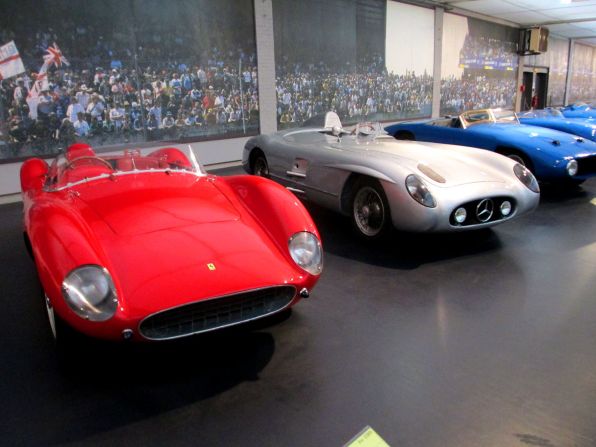 A classic line up of Ferrari, Mercedes-Benz and Gordini sports racers in the Cite de l'Automobile. The Schlumpf brothers began collecting their cars in secret, storing them in their textile warehouses.