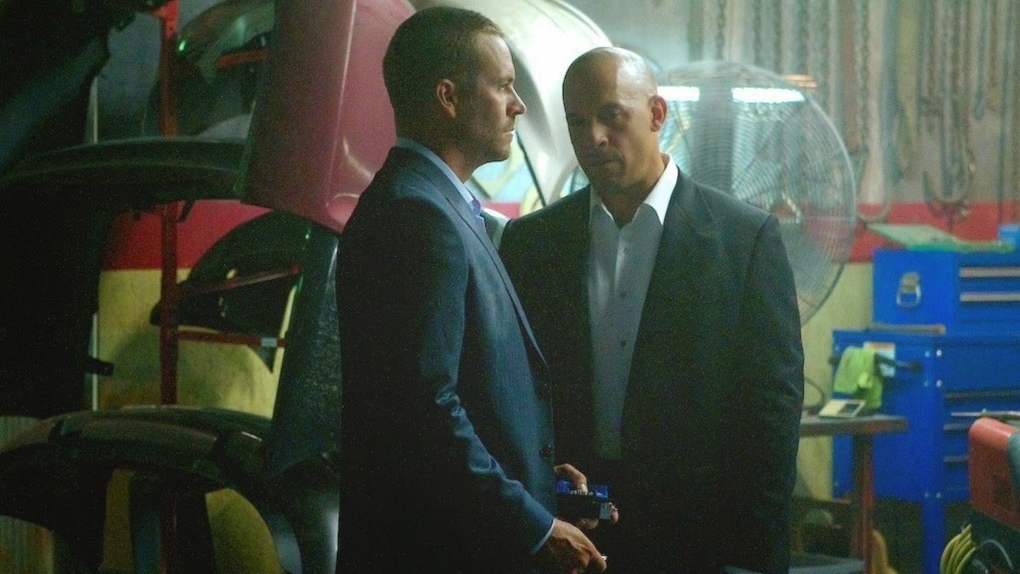 Vin Diesel, right, shared a photo of Paul Walker in the upcoming "Fast & Furious 7" on Facebook on Tuesday. 