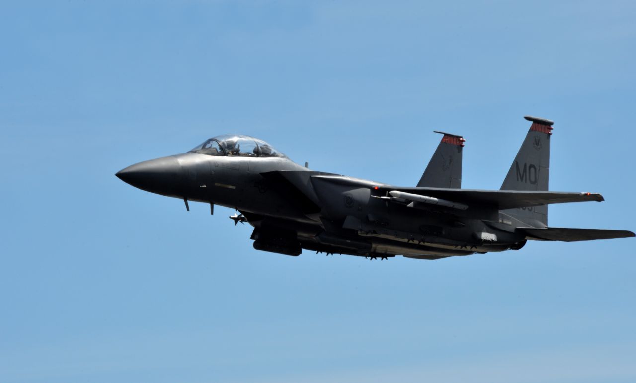 A F-15E Strike Eagle from the 391st Fighter Squadron takes off in July during a mission at Joint Base Pearl Harbor-Hickam in Hawaii. The F-15E Strike Eagle can carry more than 23,000 pounds of payload for air-to-ground and air-to-air combat. The plane has been in the Air Force inventory for three decades and is expected to be operational until at least 2035.