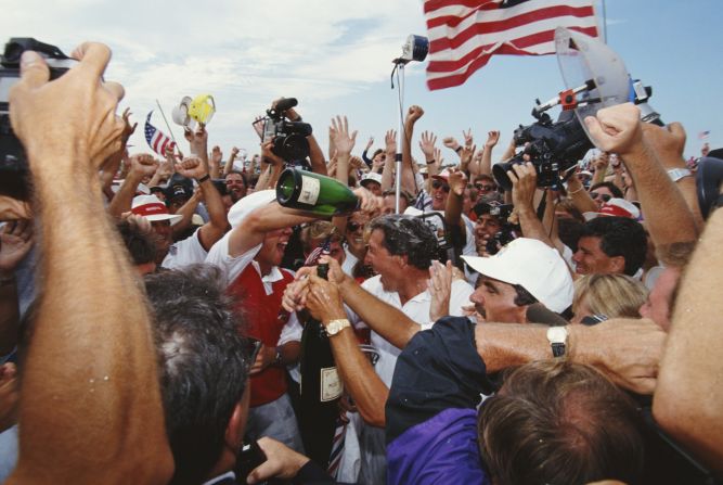 The U.S. has also enjoyed its fair share of Ryder Cup success. This picture shows Payne Stewart and Hale Irwin being mobbed by fans and covered in champagne after winning the 1991 match -- <a target="_blank" target="_blank">a tense clash known as "the War on the Shore."</a>