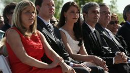 George W. Bush's daughter Jenna Bush Hager, her husband Henry Hager, sister Barbara Bush, Miky Fabrega, former Governor of Florida Jeb Bush, and his wife Columba Bush attend the opening ceremony of the George W. Bush Presidential Center April 25, 2013 in Dallas, Texas.