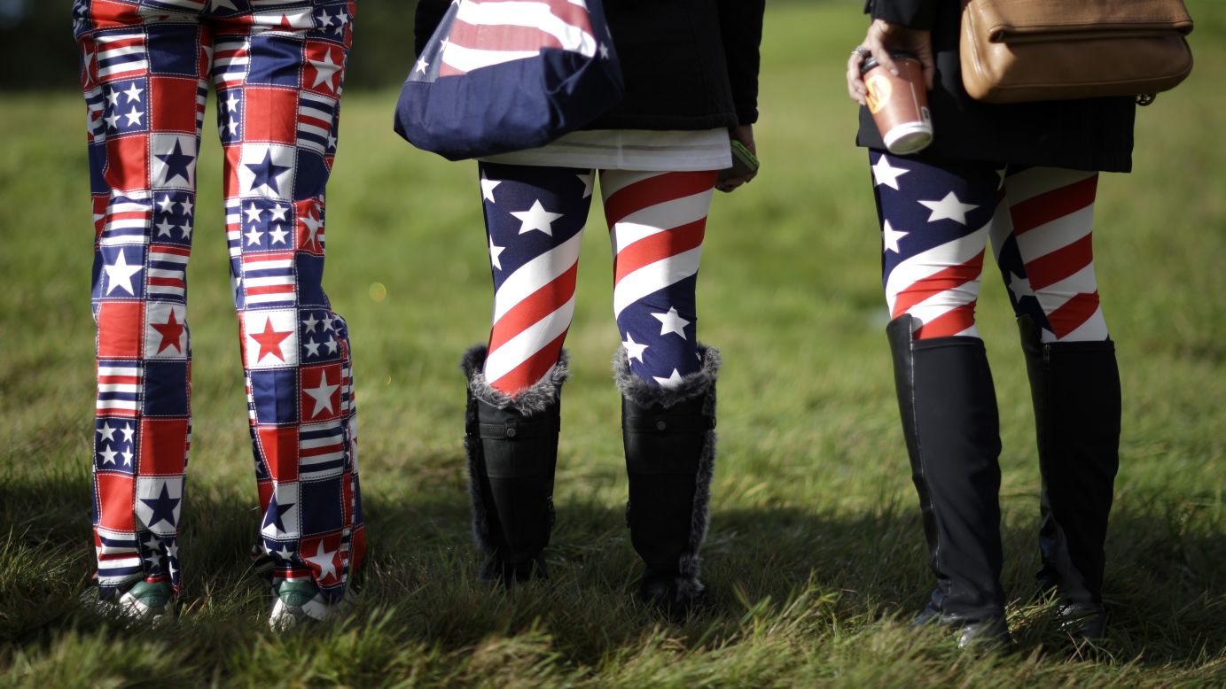 U.S. fans watch golfers during a practice round Wednesday, September 24, at the Ryder Cup tournament in Gleneagles, Scotland.