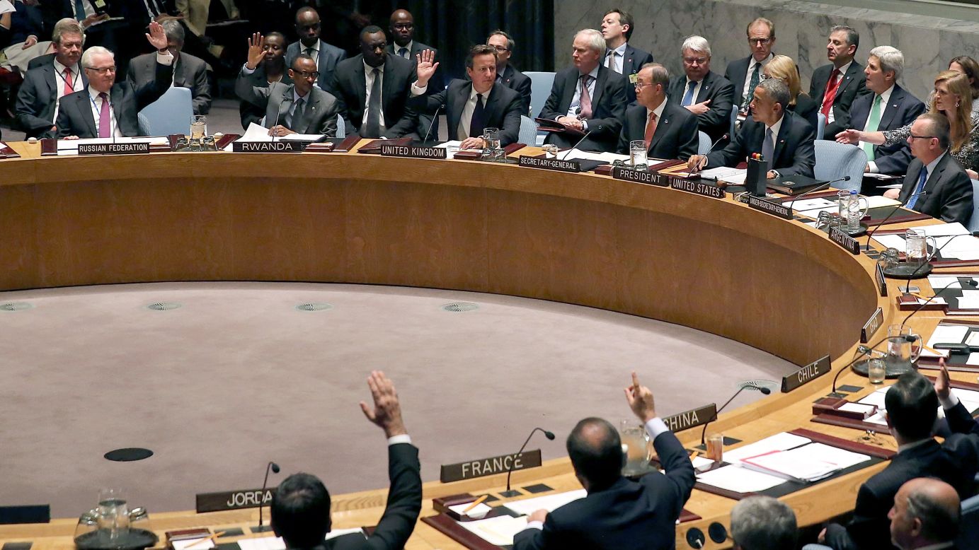 Members of the U.N. Security Council cast a vote in New York on Wednesday, September 24. In a move sparked by the rise of the militant group ISIS, the Security Council <a href="http://www.cnn.com/2014/09/24/politics/obama-united-nations/index.html">unanimously approved a resolution</a> requiring nations to "suppress the recruiting, organizing, transporting, equipping" and financing of "foreign terrorist fighters," according to U.S. President Barack Obama.