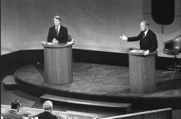 Carter and President Gerald Ford debate domestic policy at the Walnut Street Theater in Philadelphia on September 23, 1976. It was the first of three Ford-Carter presidential debates.