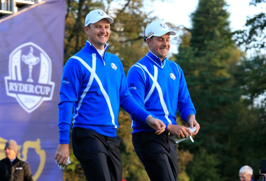 Watson and Simpson were no match for European pairing of England's Justin Rose (left) and Swede Henrik Stenson. The experienced duo won the match comfortably 5&4 to give Europe the first point of the match. The pair ended up taking maximum points on Friday with a 2&1 win over Hunter Mahan and Zach Johnson in the afternoon foursomes. 