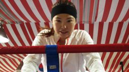 Choi takes a short break after sparring session. Choi, who defended featherweight title for the seventh time, says the biggest challenge for her now is finding the right sponsor.