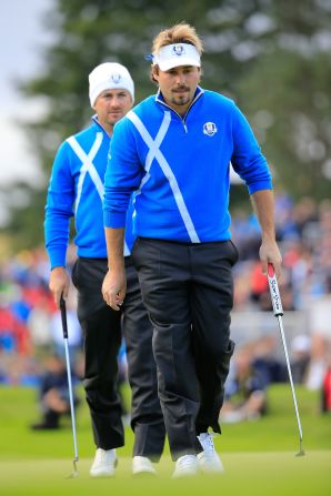  France's Victor Dubuisson (right), who made his debut for Europe in the afternoon foursomes, teamed with Ryder Cup veteran Graeme McDowell. The pair immediately clicked beating Phil Mickelson and Keegan Bradley 3&2 in the final match of the day, handing Europe a 5-3 overnight lead. 