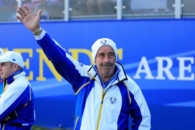 Former player, captain and this year vice-captain Sam Torrance acknowledges the crowd. The proud Scot, who holed the winning putt for Europe at The Belfry in 1985, is a massive favorite with the home supporters.    