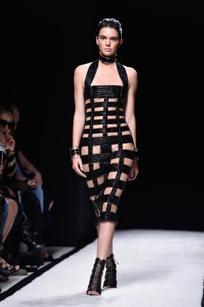 Kim's half-sister Kendall rocked the runway in bondage leather.