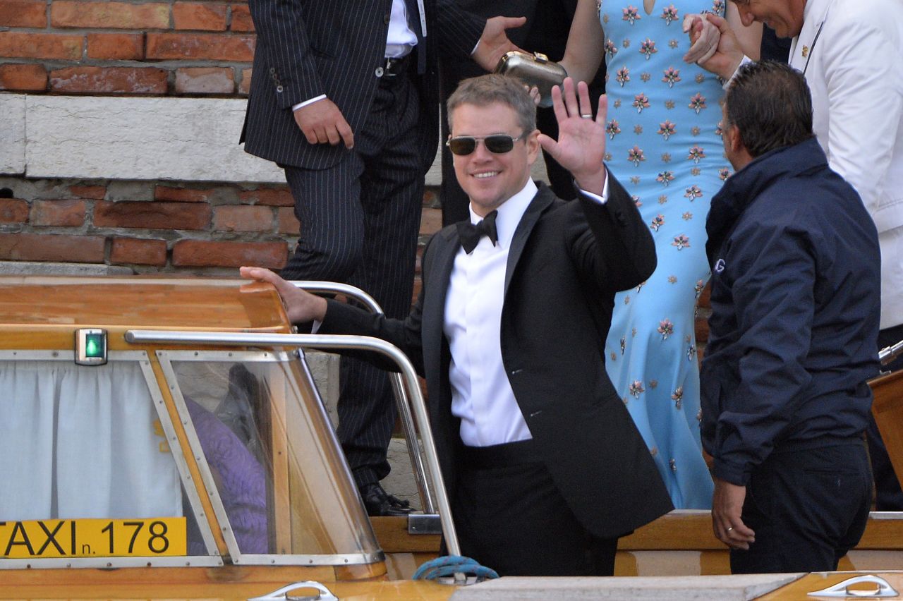 Actor Matt Damon boards a taxi boat at the Hotel Cipriani.