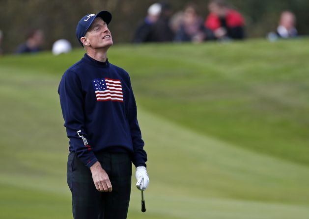 Jim Furyk curses his luck on day two at Gleneagles. The veteran American, who is playing in his ninth Ryder Cup, won his morning fourball with partner Hunter Mahan, but the pair lost out to Sergio Garcia and Rory McIlroy in the afternoon foursomes. 
