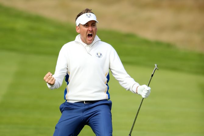Ian Poulter is known as Europe's postman, because he always delivers. Here he celebrates some first-class chipping, holing out at the 15th in the morning fourballs.