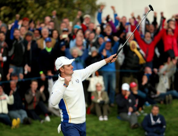 Player of the tournament? England's Justin Rose has secured 3½ points in four matches for Europe so far. In the morning fourballs, he teamed up again with Henrik Stenson to beat Bubba Watson and Matt Kuchar 3&2. In the afternoon foursomes he claimed a vital ½ point with Germany's Martin Kaymer against Jordan Spieth and Patrick Reed. 