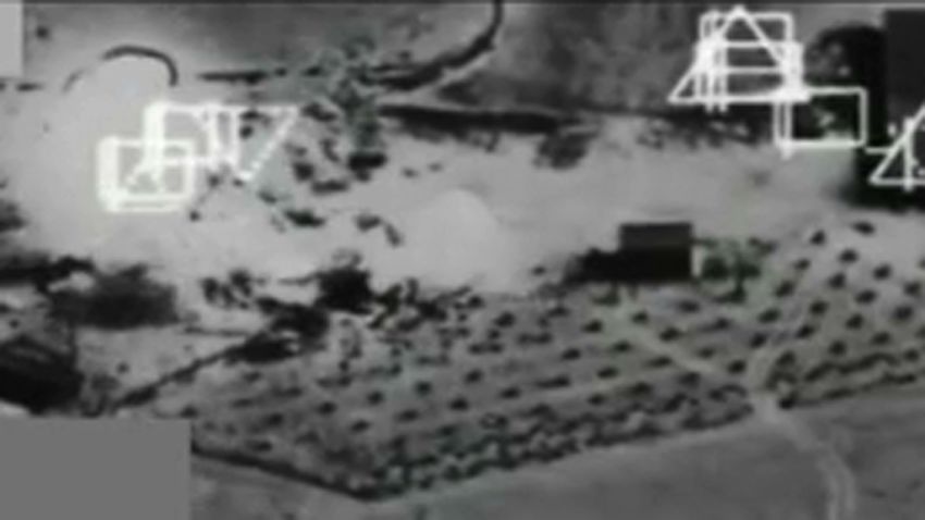 An image from a video released by the Department of Defense showing an airstrike on an ISIS compound near Kobani, Syria on Saturday, September 27. 