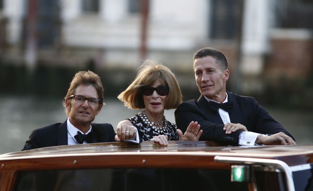 Anna Wintour, Vogue magazine's editor-in-chief, and Bruce Bozzi Jr., the executive vice president of the Palm Restaurant Group, arrive to the private ceremony on September 27. The wedding was marked with a star-studded bash at the Aman Canal Grande Venice resort, housed in the 16th-century Palazzo Papadopoli. Guests arrived via taxi boat.