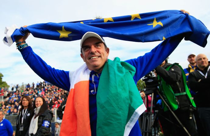 Europe's winning captain Paul McGinley soaks up the atmosphere after his side clinched a 16 1/2 to 11 1/2 victory at Gleneagles.