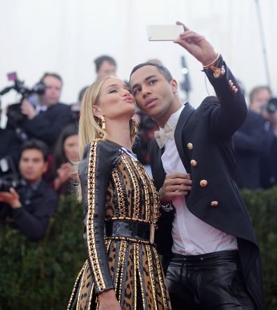 Rousteing's <a href="index.php?page=&url=http%3A%2F%2Finstagram.com%2Folivier_rousteing" target="_blank" target="_blank">Instagram </a>account has over 600,000 followers and is peppered with photos of Rousteing and his famous friends, like model Rose Huntington-Whiteley who he poses with for a selfie at this year's Met Gala in New York.