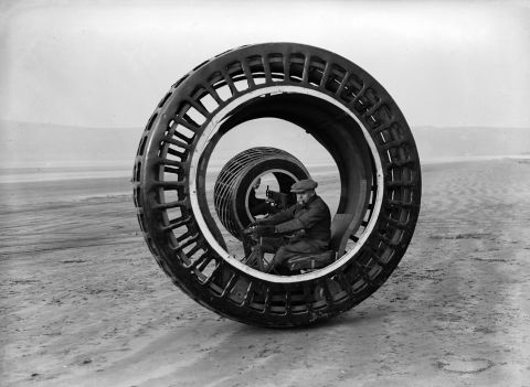 Early experiments with one-wheeled transport included the "dynasphere" -- an electronically powered monowheel from the 1930s. Unfortunately the device had a tendency to "gerbil," sending the driver racing around the wheel frame if the device braked too suddenly.