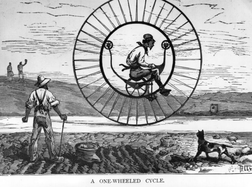 A monocycle invented by Langmark and Stuef of California from 1895, consisting of a cycle moving within a large wheel. One-wheeled transport has traditionally been difficult to steer.