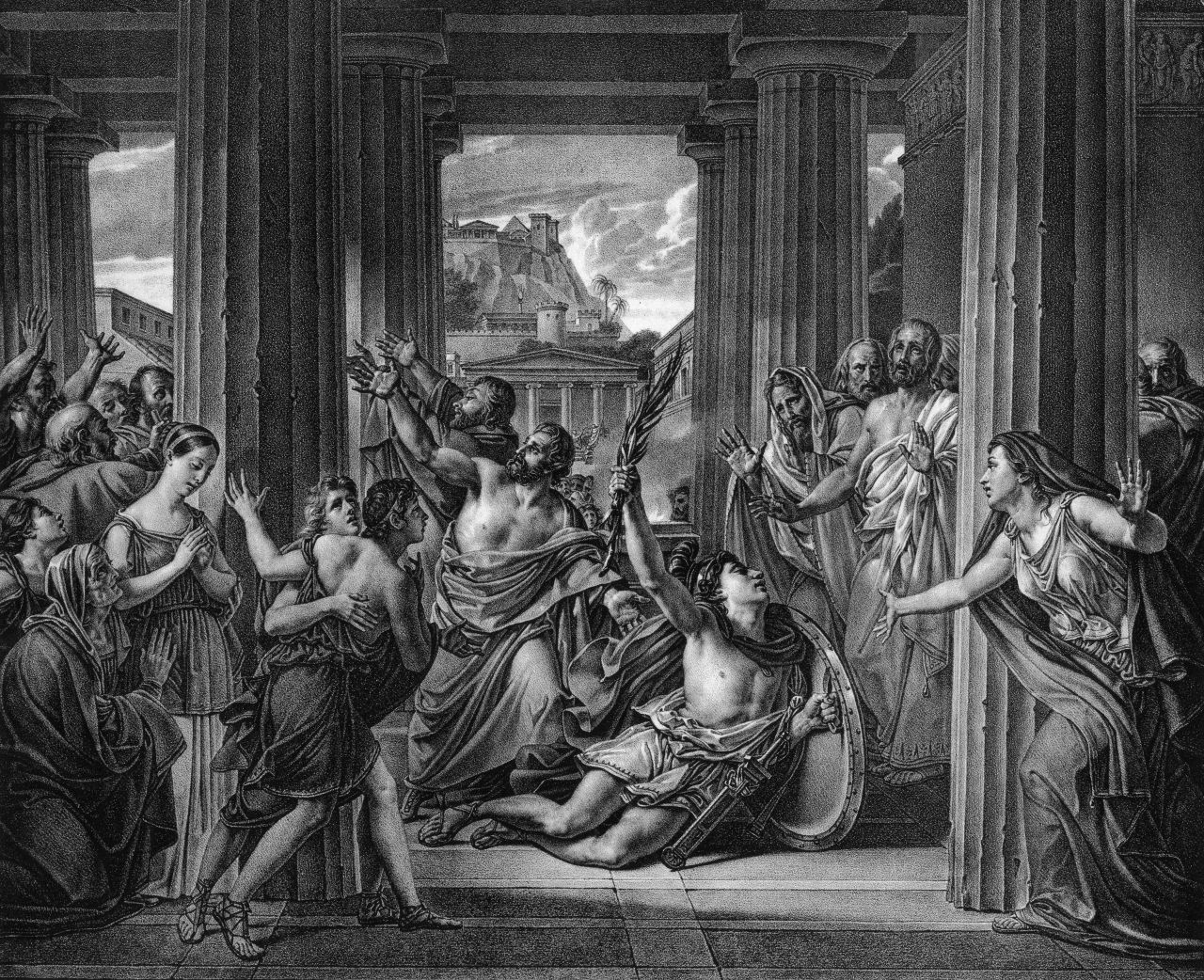The Greek historian Herodotus tells the story of the courier <a href="http://www.perseus.tufts.edu/hopper/text?doc=Perseus:text:1999.01.0126:book=6:chapter=105" target="_blank" target="_blank">Pheidippides</a> (center) who, at the request of Athenian generals, was dispatched to Sparta to request reinforcements in the Battle of Marathon during the Persian Wars.