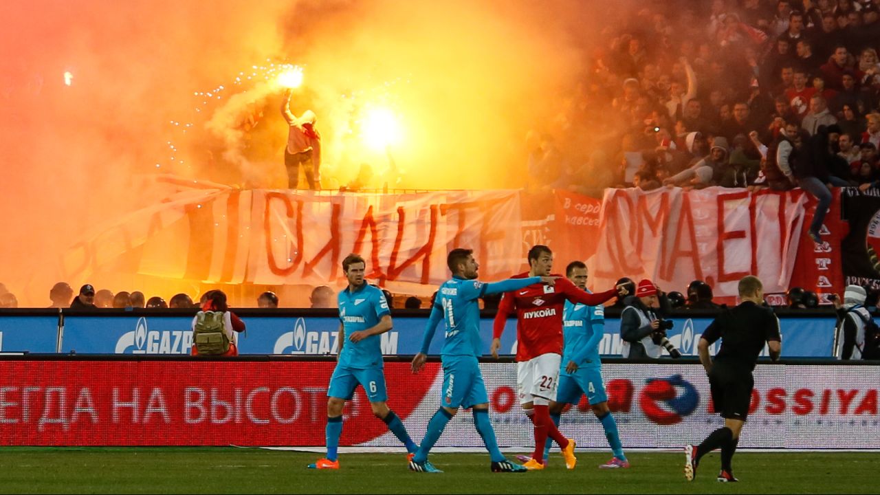 FC Spartak Moscow supporters light flares during a game against  Zenit in September 2014 in St. Petersburg.