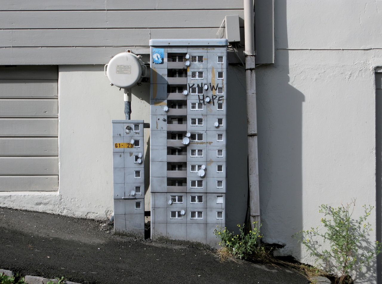 <em>Block G1-25 (w/Know Hope), Evol, 2010</em><br /><br />Berlin-based Tore Rinkveld, aka Evol, is perhaps best known for transforming everyday features of our cityscape into mini concrete tower blocks through the medium of paint. Inspired by architecture, which he sees as a mirror for society, he paints directly onto the surface of electrical enclosures, concrete planters and other familiar features of the modern city.