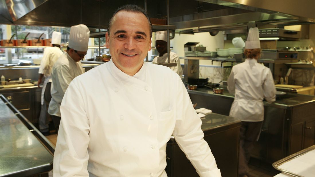 In this photograph, French chef Jean Georges Vongerichten poses in the kitchen of his flagship Manhattan restaurant "Jean Georges" after keeping his top three-star rating in the 2008 Michelin food guide. He's got the same rating in the 2015 guide.
