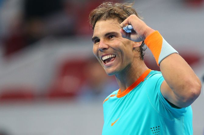 Rafael Nadal celebrates winning his match against Richard Gasquet after three months out with injury.