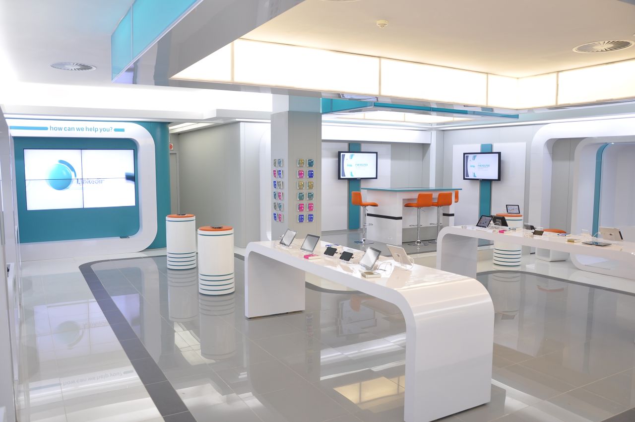 The glossy interior of the flagship Dot FNB  store in Cape Town, South Africa (pictured) uses "interactive gesture technology," which detects when people pass by the store front, prompting messaging and letting customers interact with the screen to learn more about its products and services. 