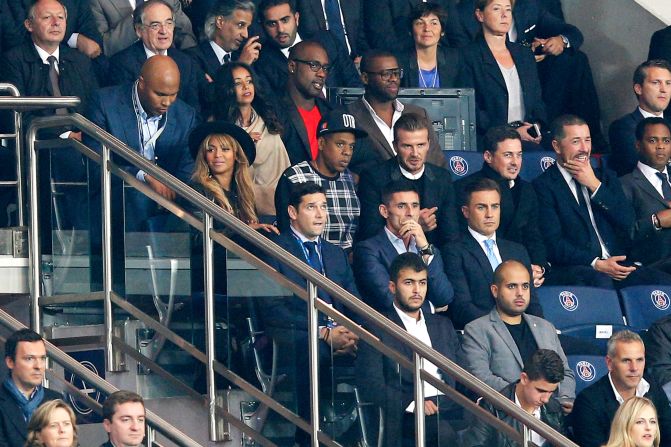 Beyonce was joined by husband Jay-Z and David Beckham, who finished his career at Paris Saint-Germain. The French champion defeated Barcelona 3-2 in a thrilling contest. On the row in front of Beckham, just to his right, is Italian World Cup winner and former Real Madrid star Fabio Cannavaro.