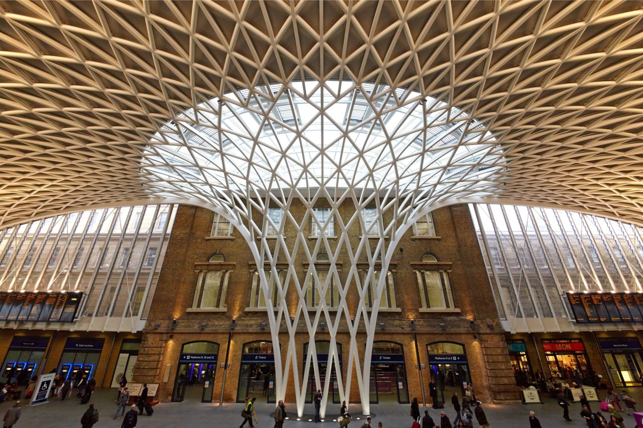 Harry Potter's platform 9 3/4 isn't the only draw at King's Cross Railway station. This 20-meter-high steel structure stretches over the Victorian terminal in diamond and triangle shapes. 