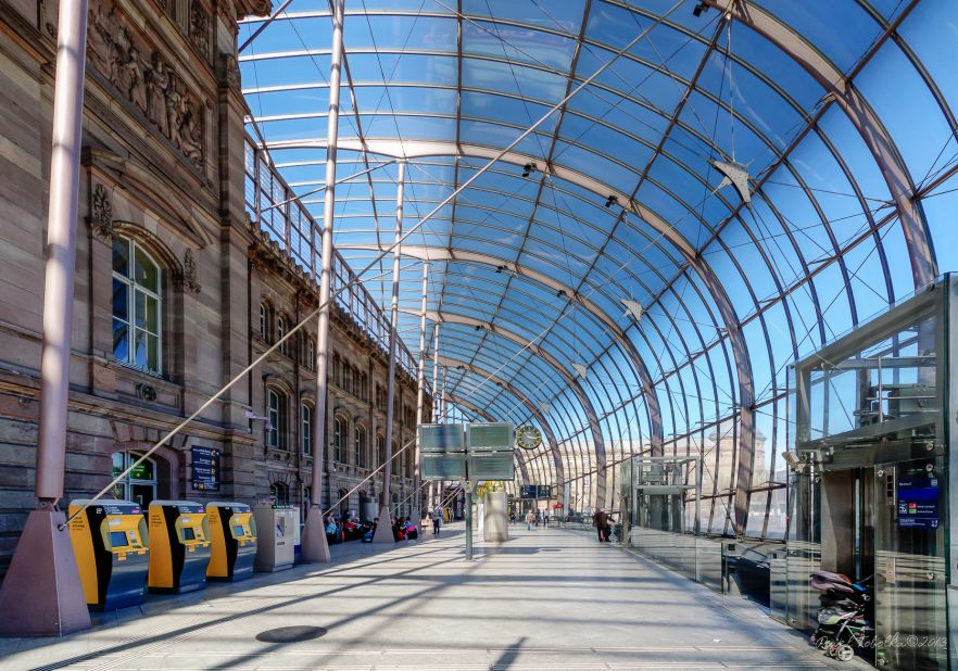 A giant canopy of curved glass covers the 1880s facade of France's Gare de Strasbourg, giving the station the look of a dazzling jewel from the outside. 