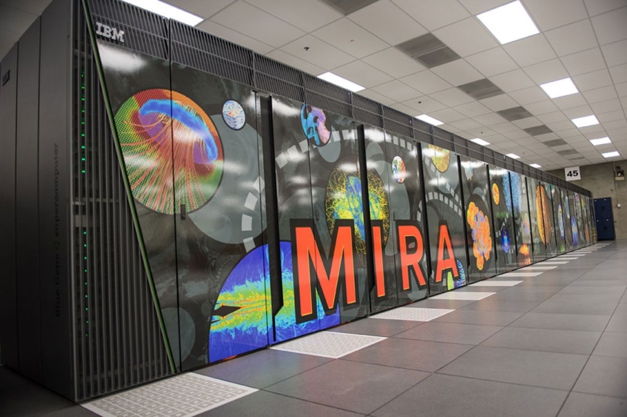 Made up of 48 racks, 786,432 processors, and 768 terabytes of memory, Mira is a 10 petaflop IBM Blue Gene/Q system. It is located at the Argonne Leadership Computing Facility, in Illinois and is number five on the Top500 list.