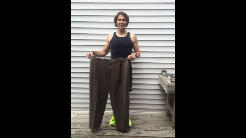 In February 2013, Mazzetti joined a local gym and started focusing on maintaining his weight rather than losing it. Here, he shows off his size 48 pants from 2012.